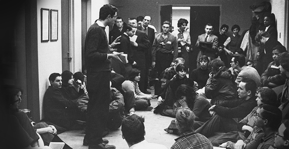 Bernie Sanders speaks to protesters during the Committee on Racial Equality's sit-in of the Administration Building in 1962.